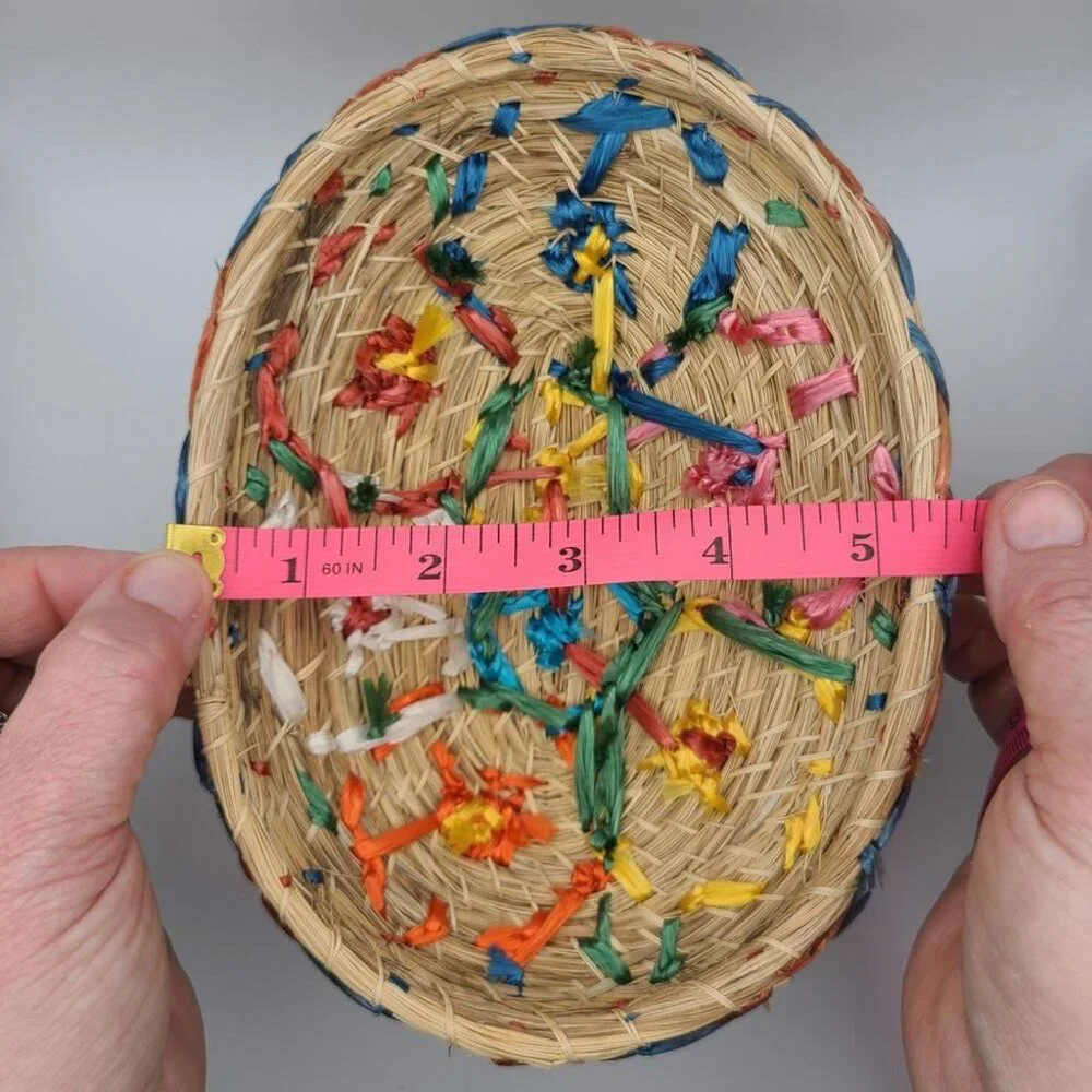 Vintage Handmade Woven Basket with Lid and Raffia Floral Embroidery
